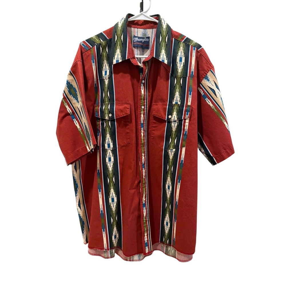 Vintage Wrangler Western Pearl Snap Southwestern Aztec Stripe Shirt Red Mens L